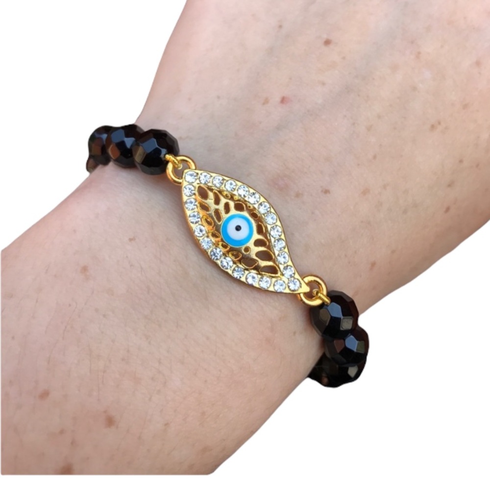 Evil Eye black agate beaded stretch bracelet - Picture 2 of 14